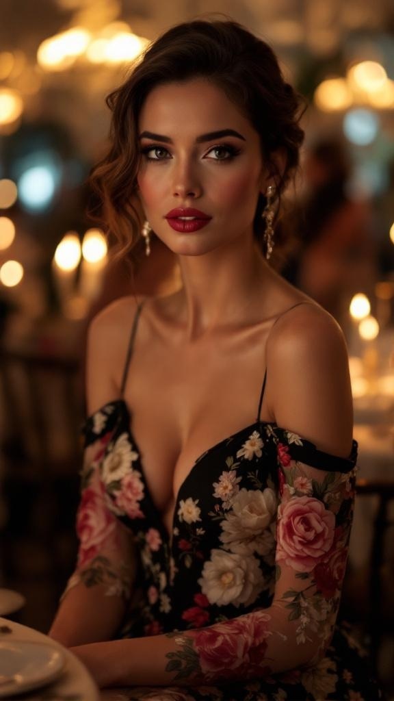 A woman in a floral dress sitting at a candlelit table, exuding elegance and charm.