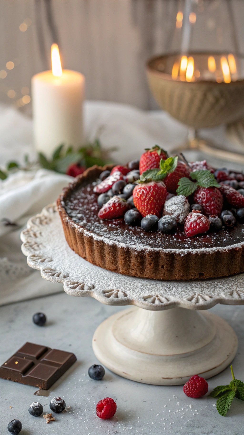 A beautifully presented Keto chocolate tart topped with fresh strawberries and blueberries, set on a decorative cake stand.