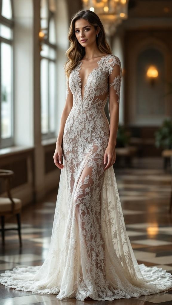 A woman wearing an elegant lace maxi dress, showcasing intricate lace details and a flowing silhouette.