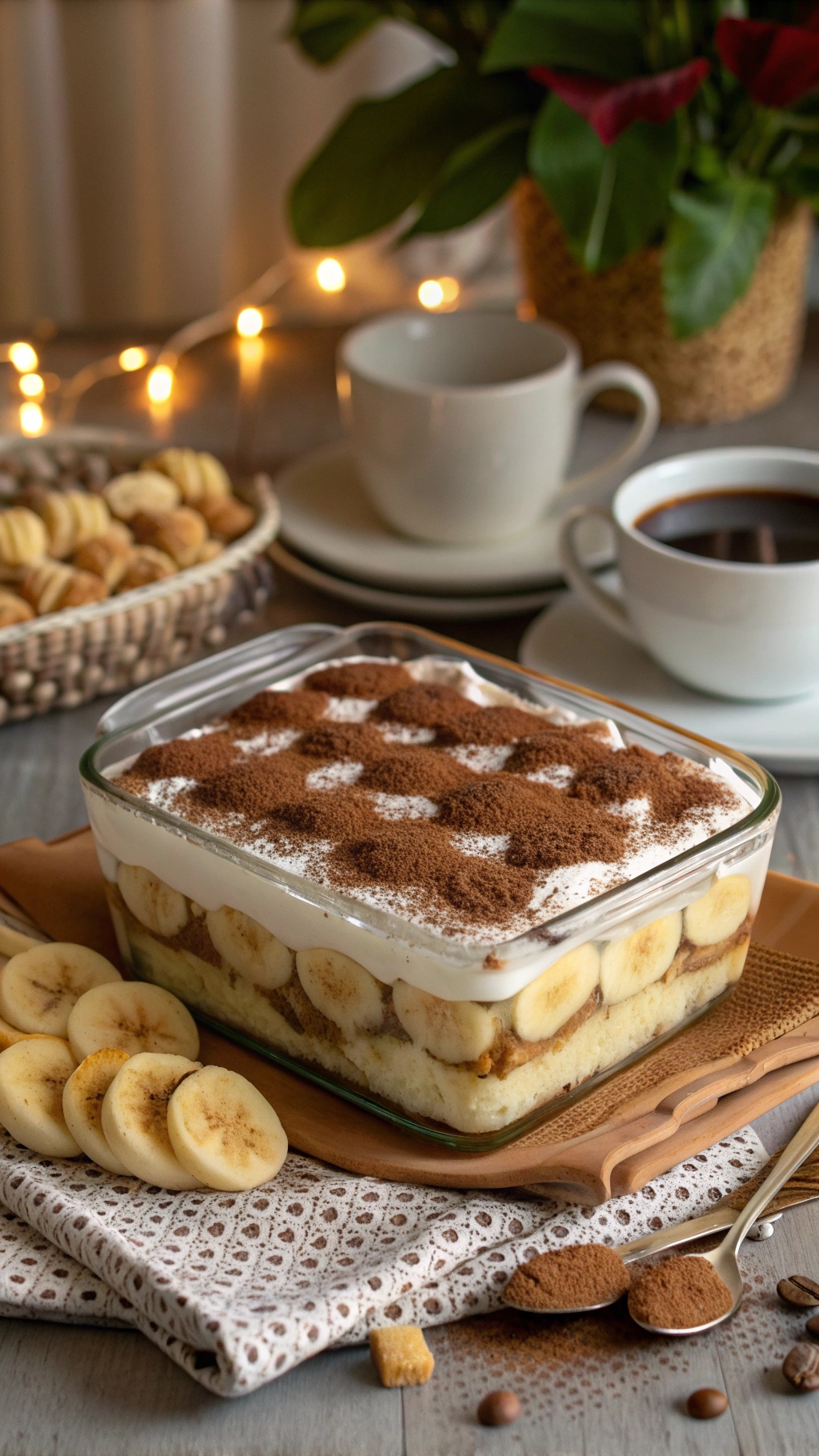 A delicious no-bake banana tiramisu in a glass dish, topped with cocoa powder and surrounded by coffee cups and banana slices.
