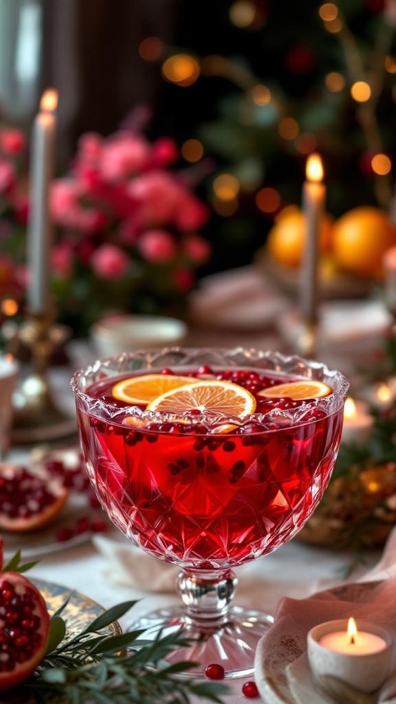 A beautiful bowl of pomegranate citrus punch with orange slices and pomegranate seeds, surrounded by candles and flowers.