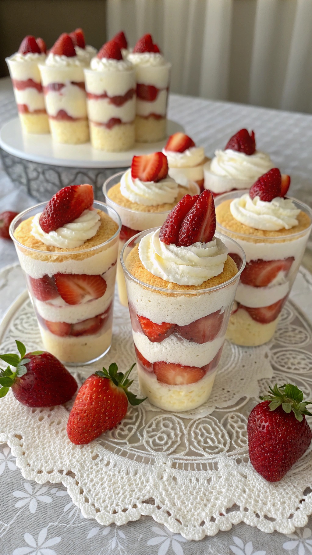 Strawberry shortcake cups layered with whipped cream and fresh strawberries