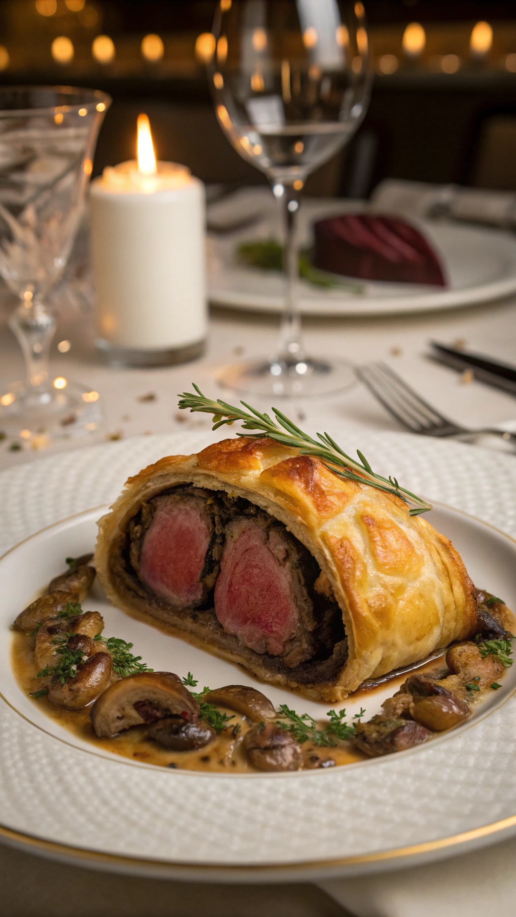 A beautifully plated Beef Wellington with mushrooms and sauce, set on a romantic dinner table.
