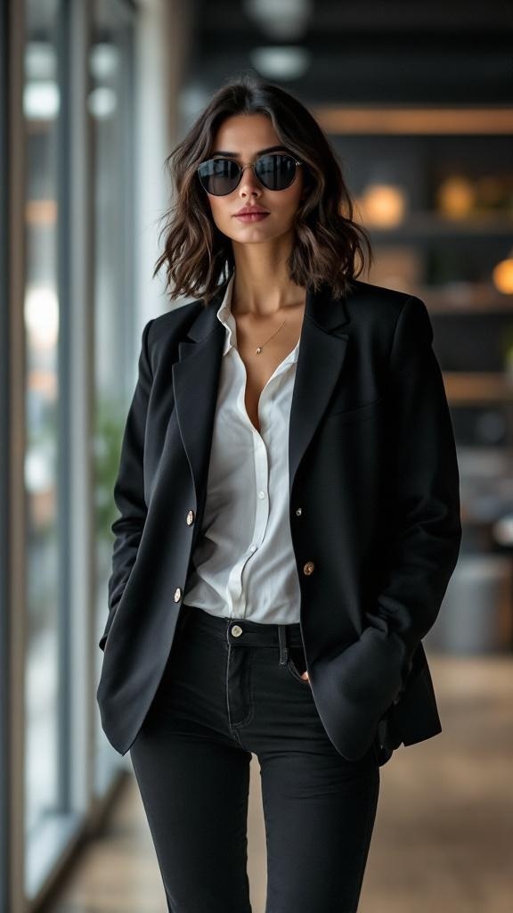 A woman wearing a black blazer over a white shirt and black jeans, accessorized with sunglasses.