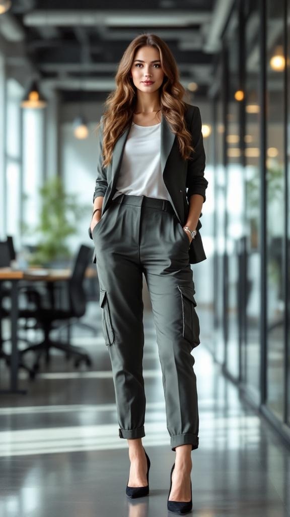 A woman in a stylish office setting wearing olive green cargo pants, a tailored blazer, and pointed heels.