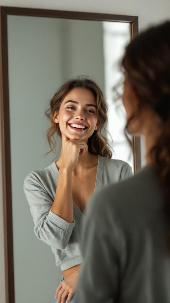 A smiling woman standing in front of a mirror with warm lighting, reflecting a positive mindset.