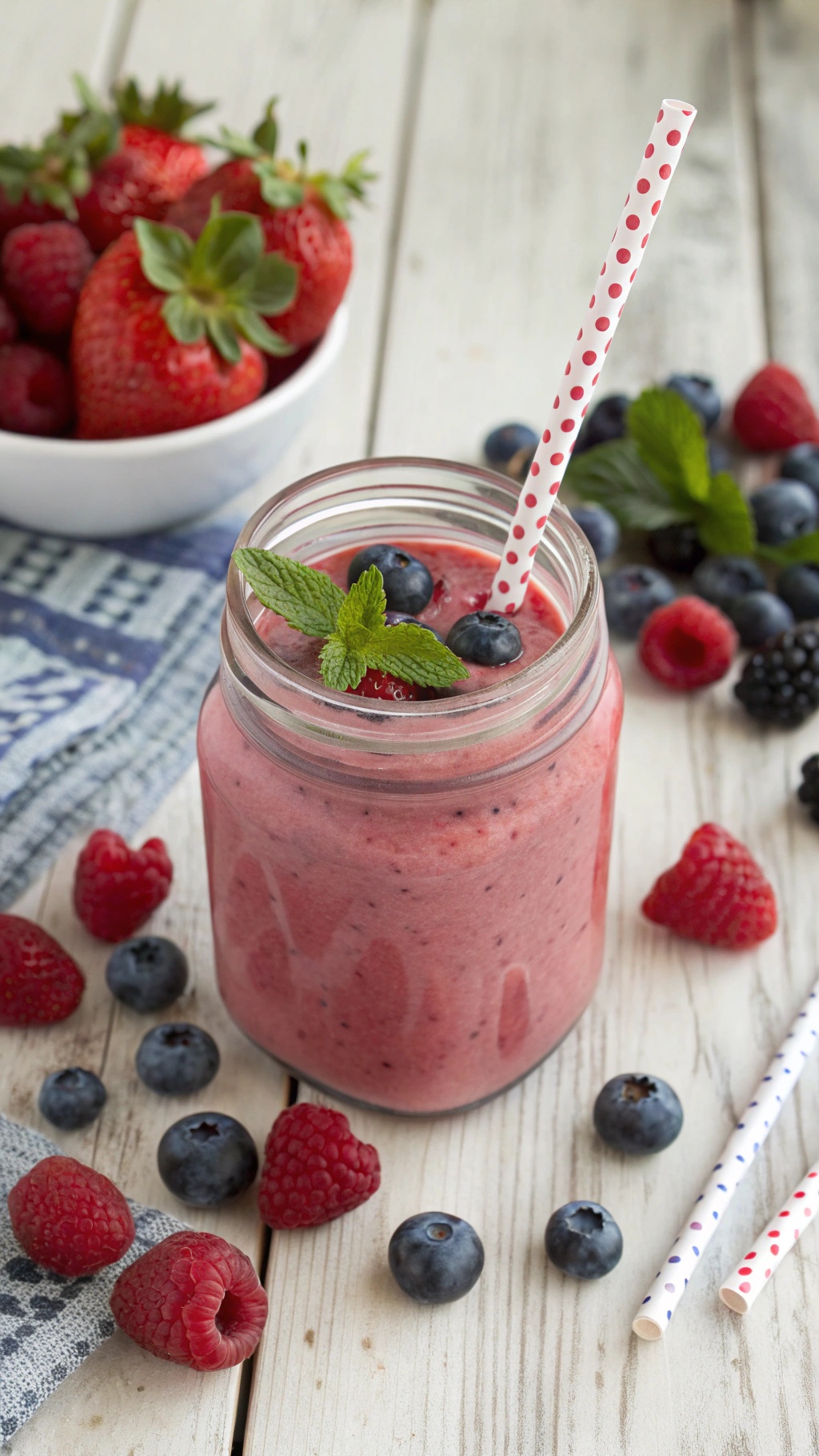 A vibrant berry smoothie in a mason jar with fresh strawberries, blueberries, and raspberries surrounding it.
