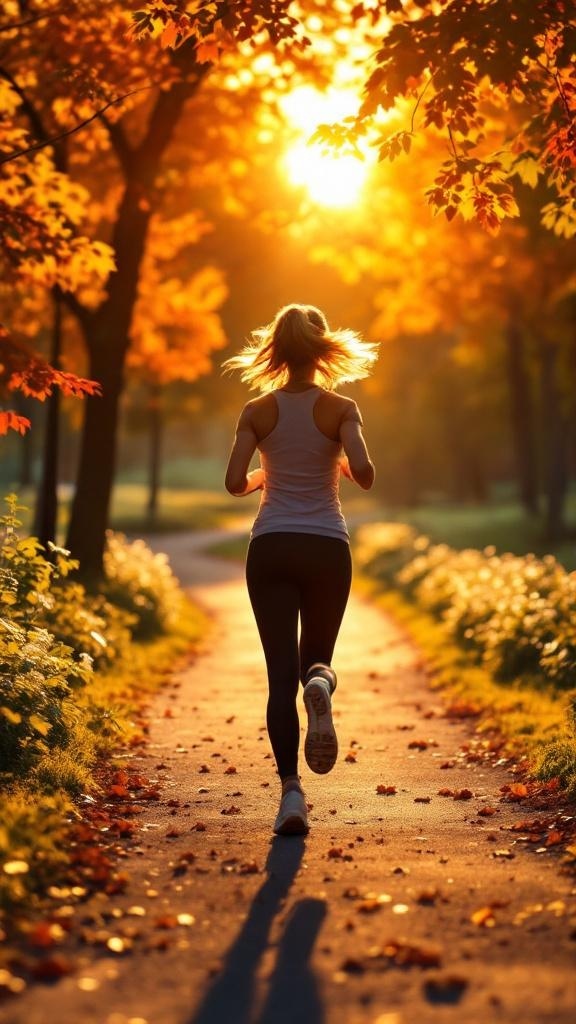 A person jogging on a path surrounded by autumn leaves and a sunrise.