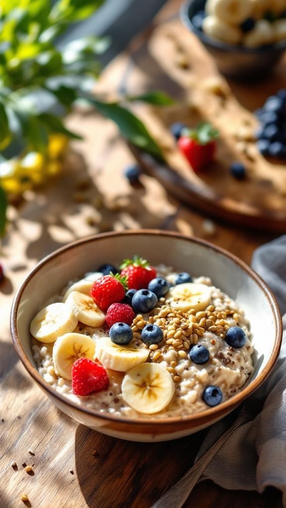 A bowl of overnight oats topped with banana slices, blueberries, and raspberries, sitting on a wooden table.