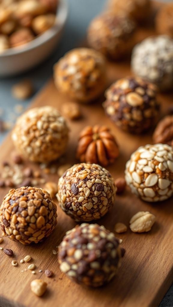 A variety of energy balls made with nuts and seeds, displayed on a wooden board.