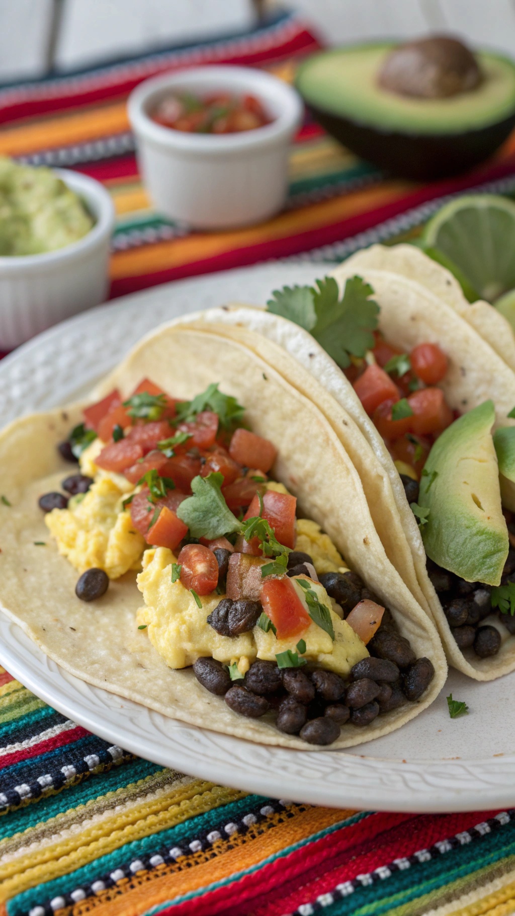 Mexican egg breakfast tacos with scrambled eggs, black beans, tomatoes, and avocado on a colorful tablecloth.