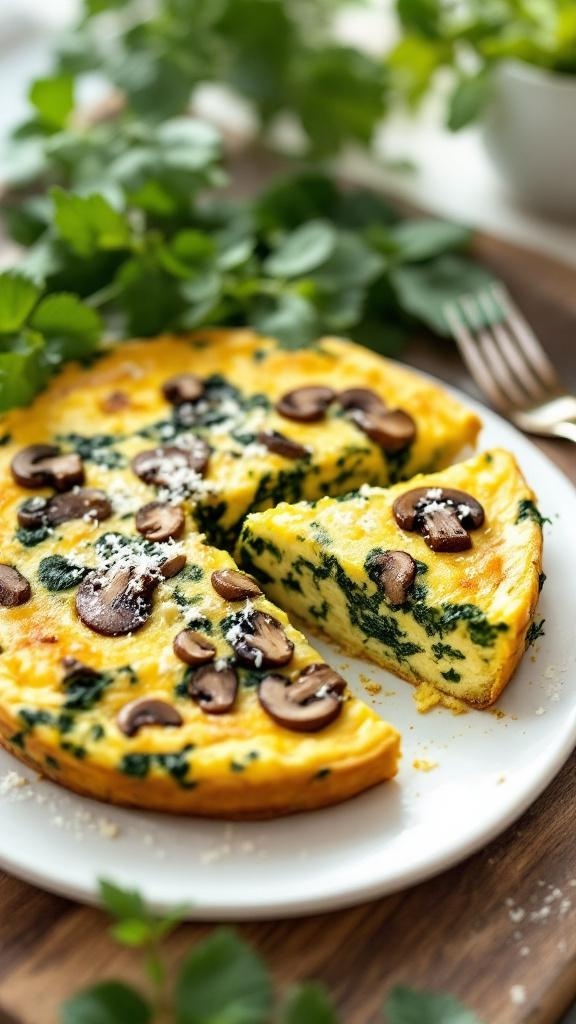 A delicious spinach and mushroom frittata on a plate, garnished and sliced.