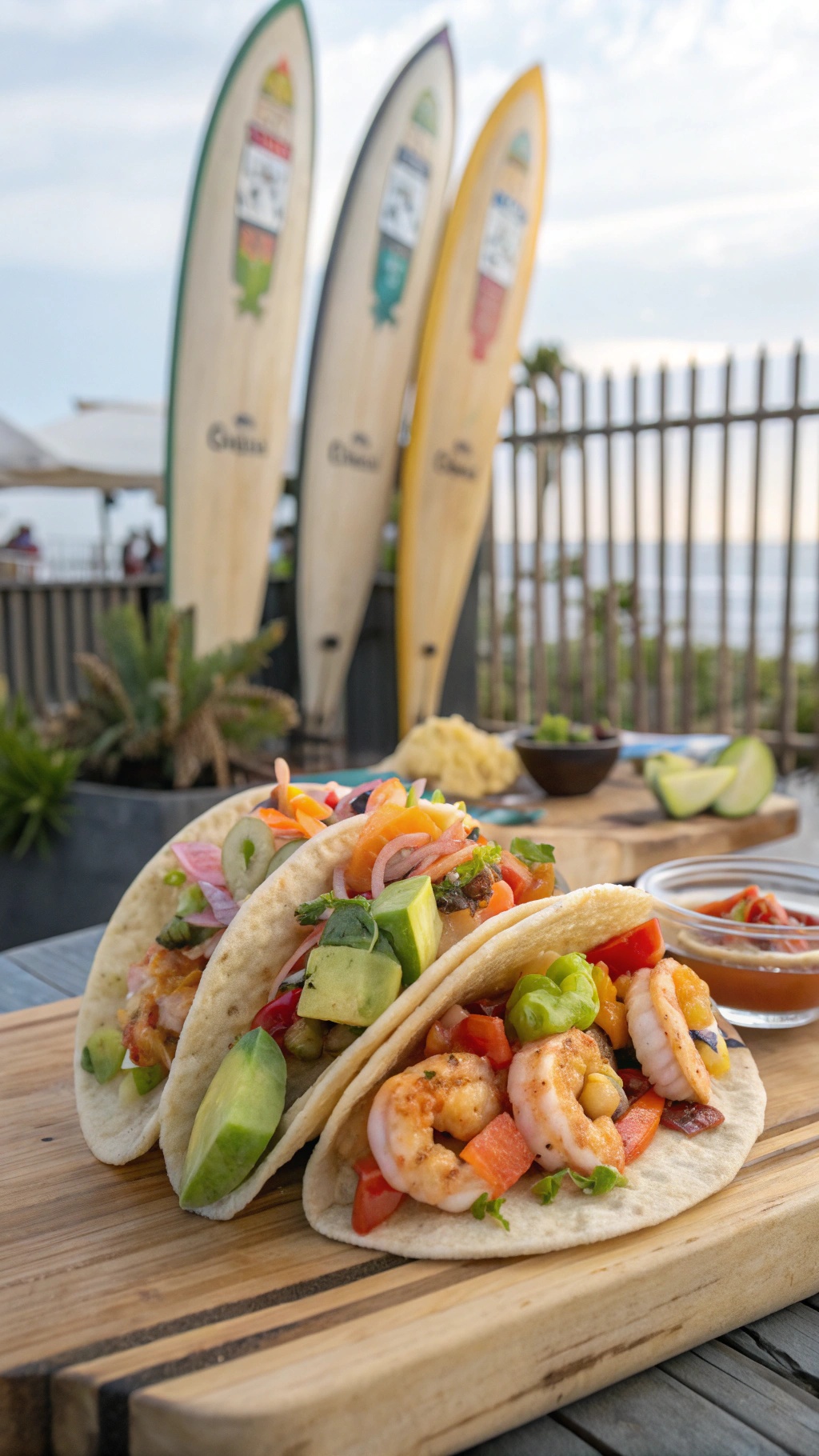 Three shrimp tacos with avocado and colorful toppings on a wooden board with surfboards in the background.