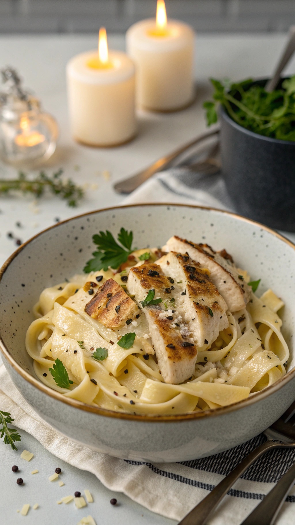 A bowl of Chicken Alfredo with grilled chicken, fettuccine pasta, and garnished with parsley, surrounded by candles.