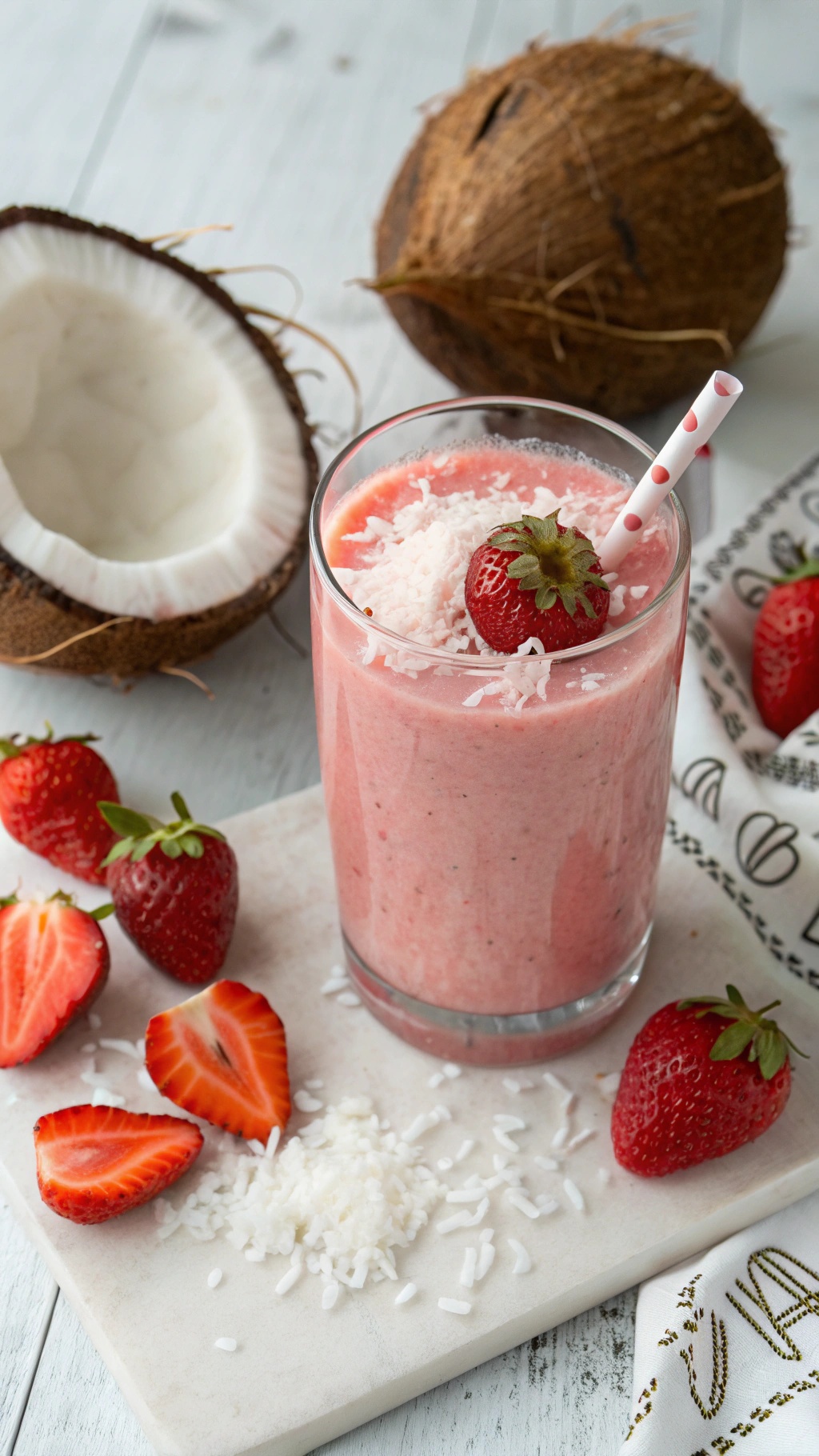 A refreshing strawberry coconut smoothie with fresh strawberries and coconut on a white surface.