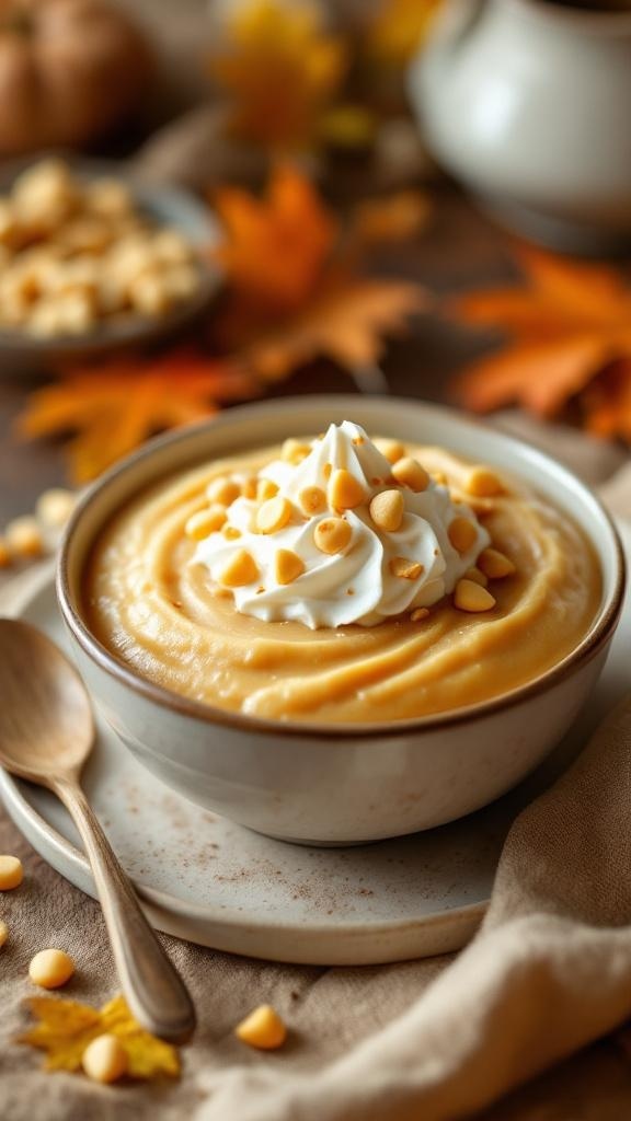 A bowl of creamy butterscotch pudding topped with whipped cream and butterscotch chips, surrounded by autumn leaves and nuts.