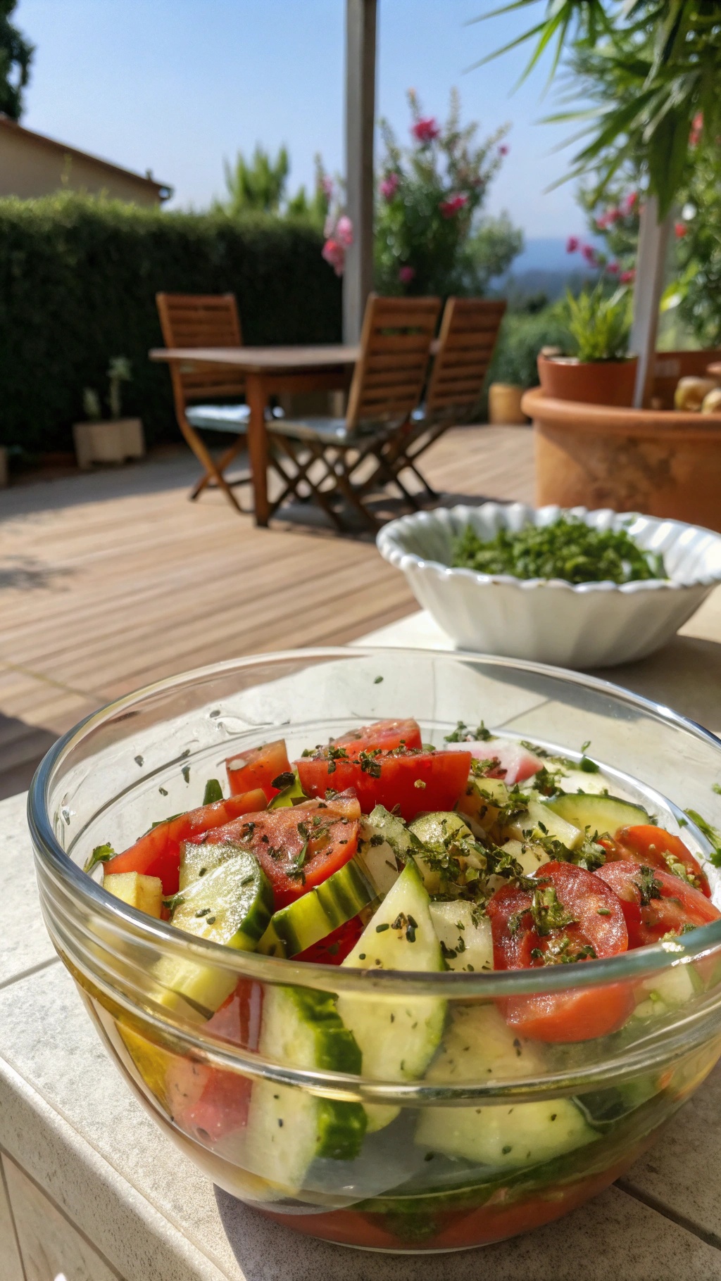 A bowl of cucumber and tomato salad on a table with a sunny outdoor setting.
