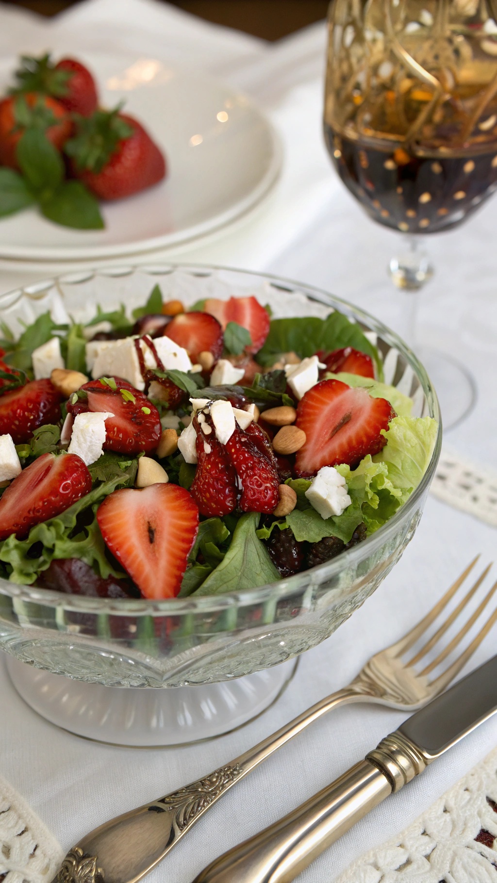 A beautiful strawberry balsamic salad with greens, feta cheese, and nuts, served in a glass bowl.