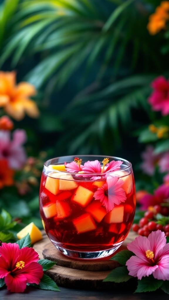 A vibrant glass of hibiscus and pineapple punch garnished with flowers, surrounded by tropical foliage.