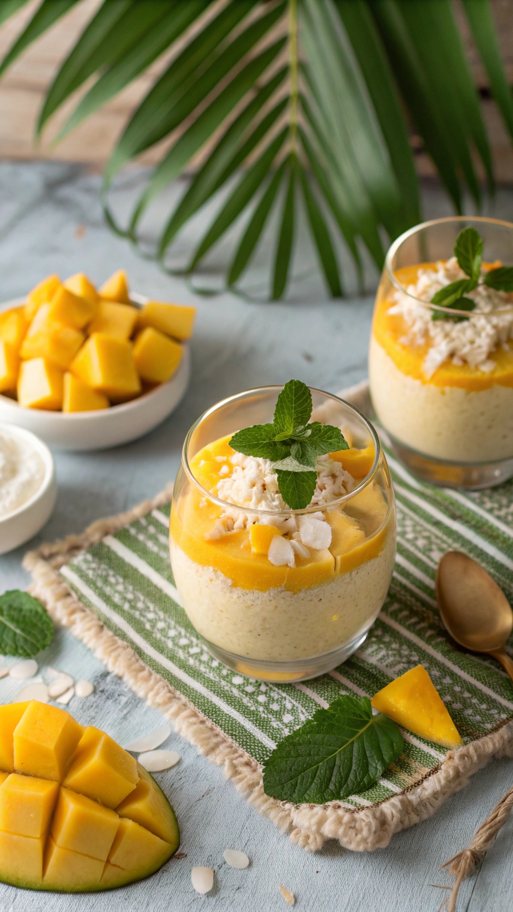 A refreshing mango coconut pudding served in glasses, garnished with mint and coconut flakes, with diced mango on the side.