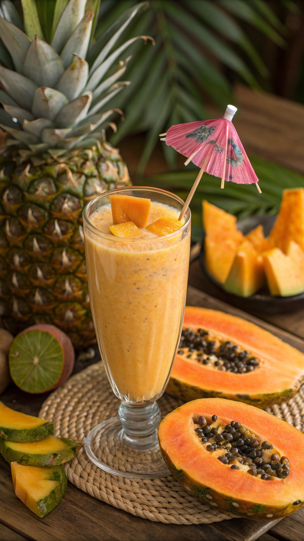 A refreshing Exotic Papaya and Pineapple Smoothie in a tall glass, garnished with papaya chunks and an umbrella, surrounded by fresh papaya and pineapple.