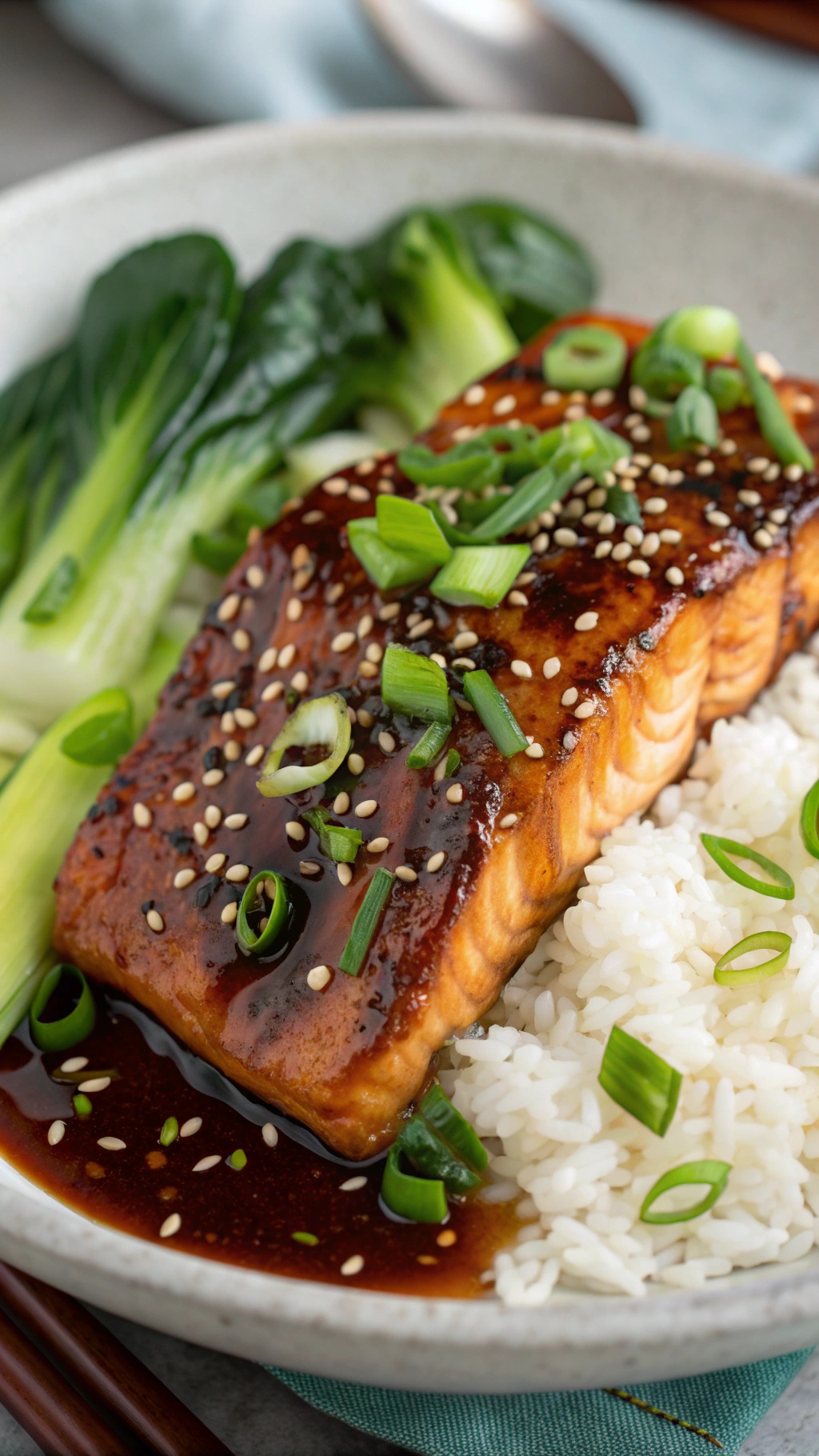 A plate of teriyaki salmon served with rice and bok choy, garnished with green onions and sesame seeds.