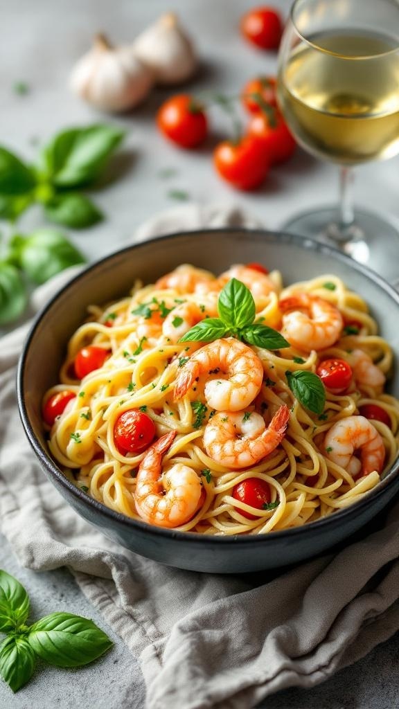 A bowl of Mediterranean shrimp pasta with cherry tomatoes and fresh basil, accompanied by a glass of white wine.
