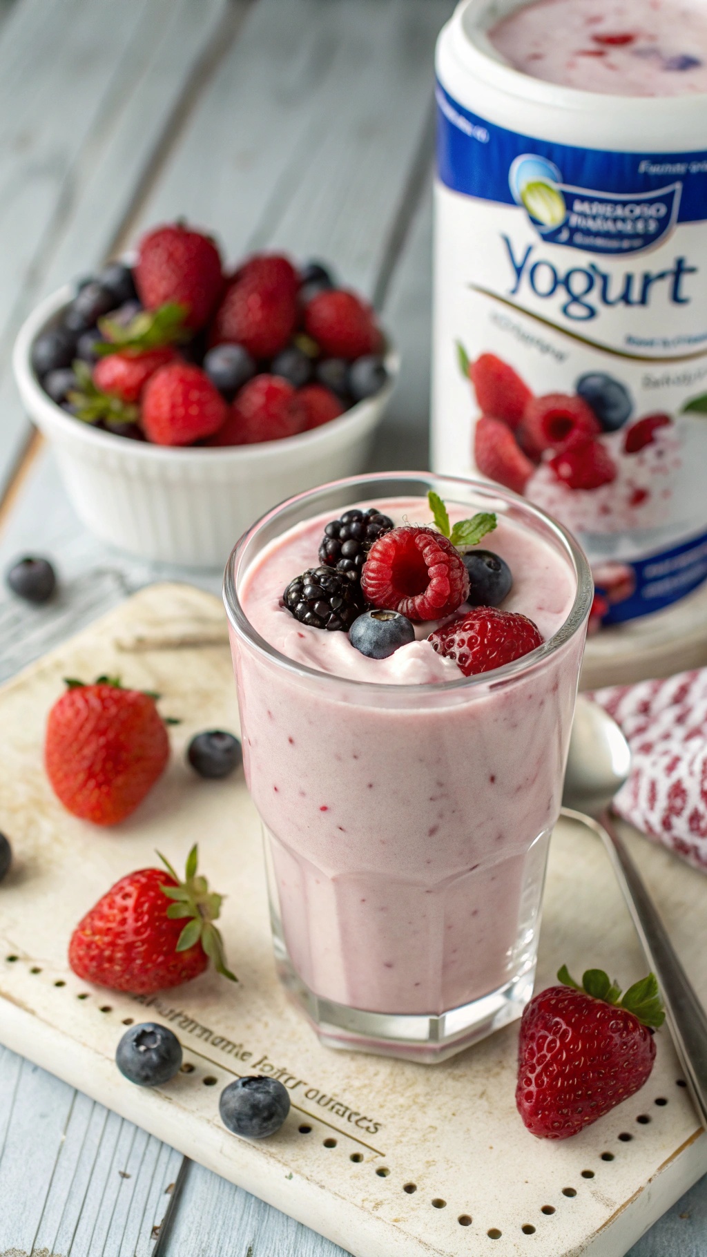 A delicious yogurt and berry smoothie topped with fresh berries, alongside a bowl of mixed berries.