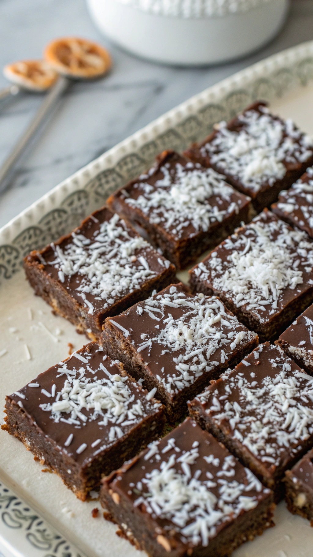 Chocolate coconut energy bars cut into squares, topped with shredded coconut.