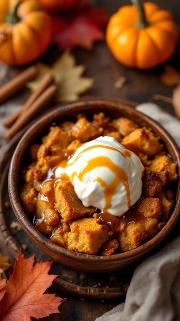 A bowl of pumpkin bread pudding topped with whipped cream and caramel sauce, surrounded by autumn leaves and small pumpkins.