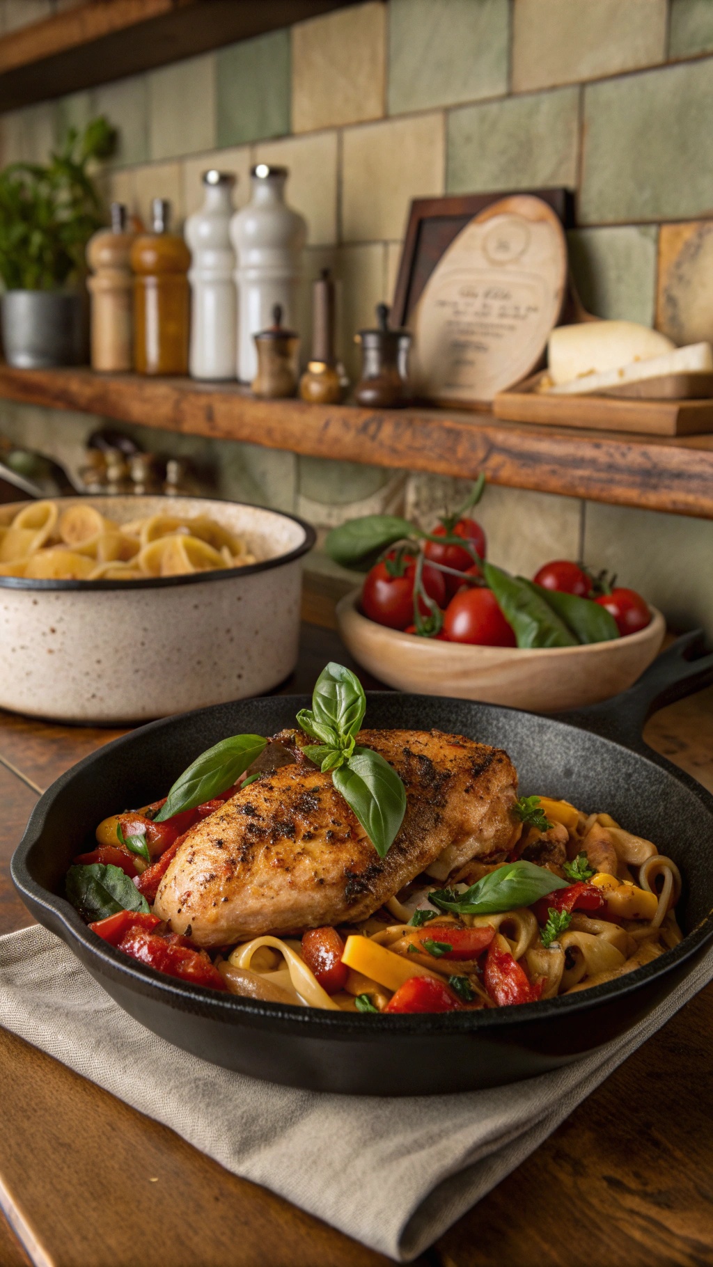 One-Pan Italian Chicken with pasta and vegetables in a skillet