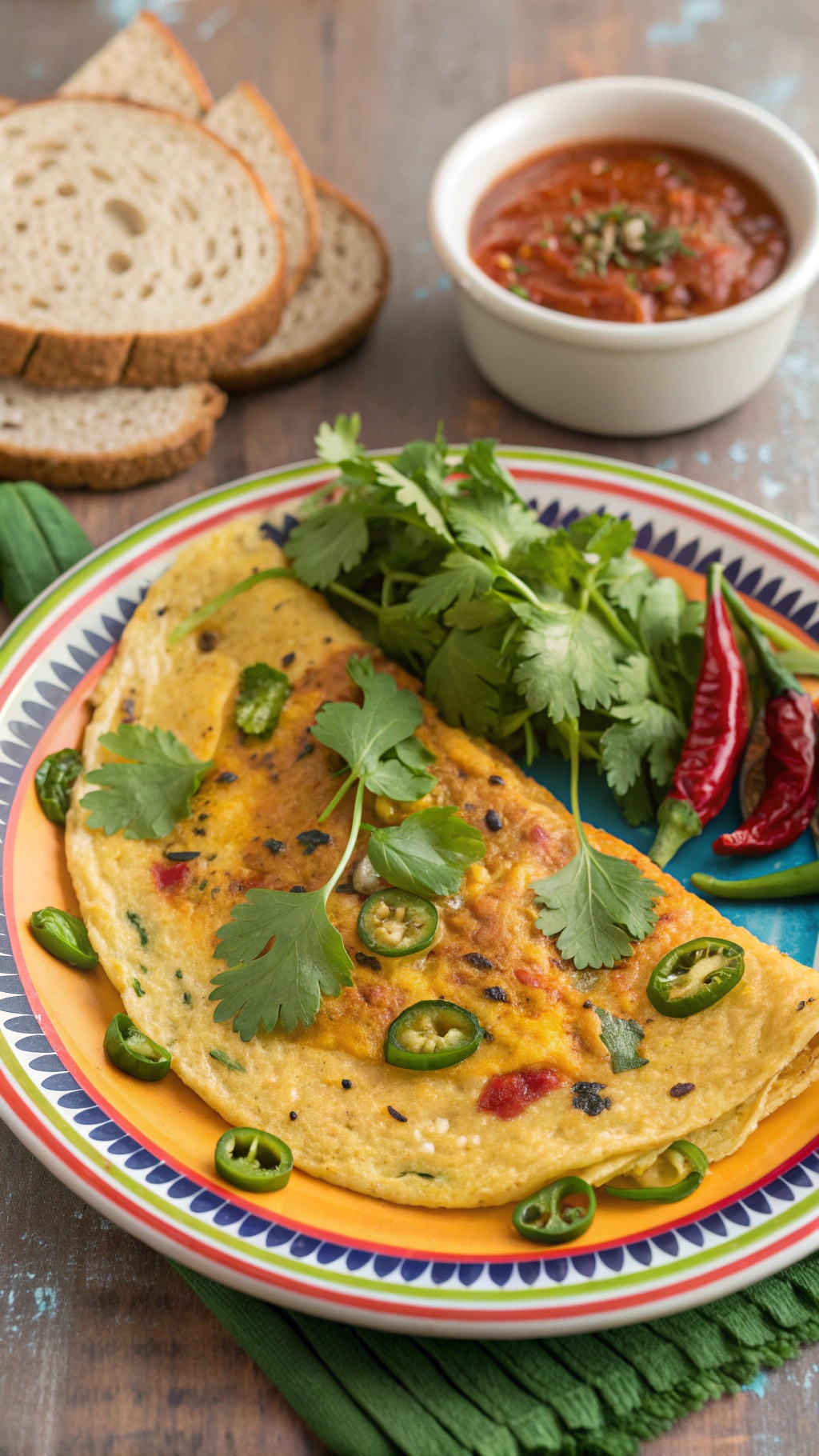 A colorful Indian masala omelette served with bread and chutney.