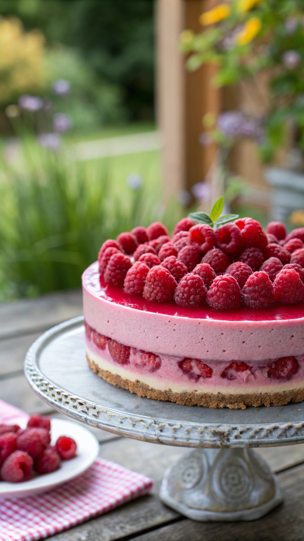 A beautifully presented keto raspberry mousse cake topped with fresh raspberries.
