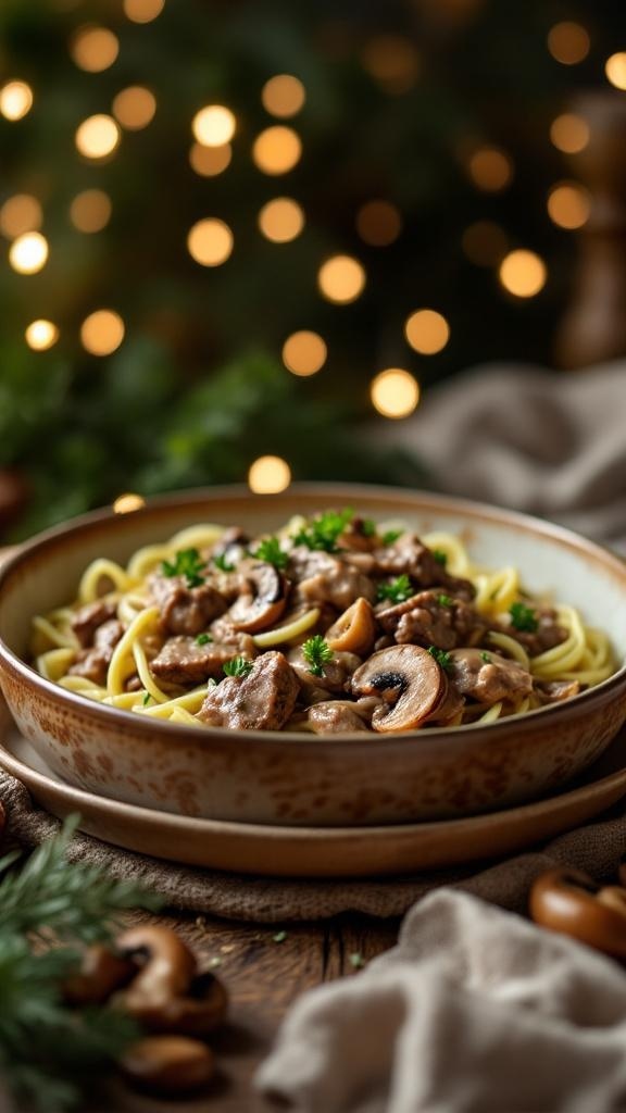 A bowl of low carb beef stroganoff with mushrooms, served over noodles, set against a festive background.