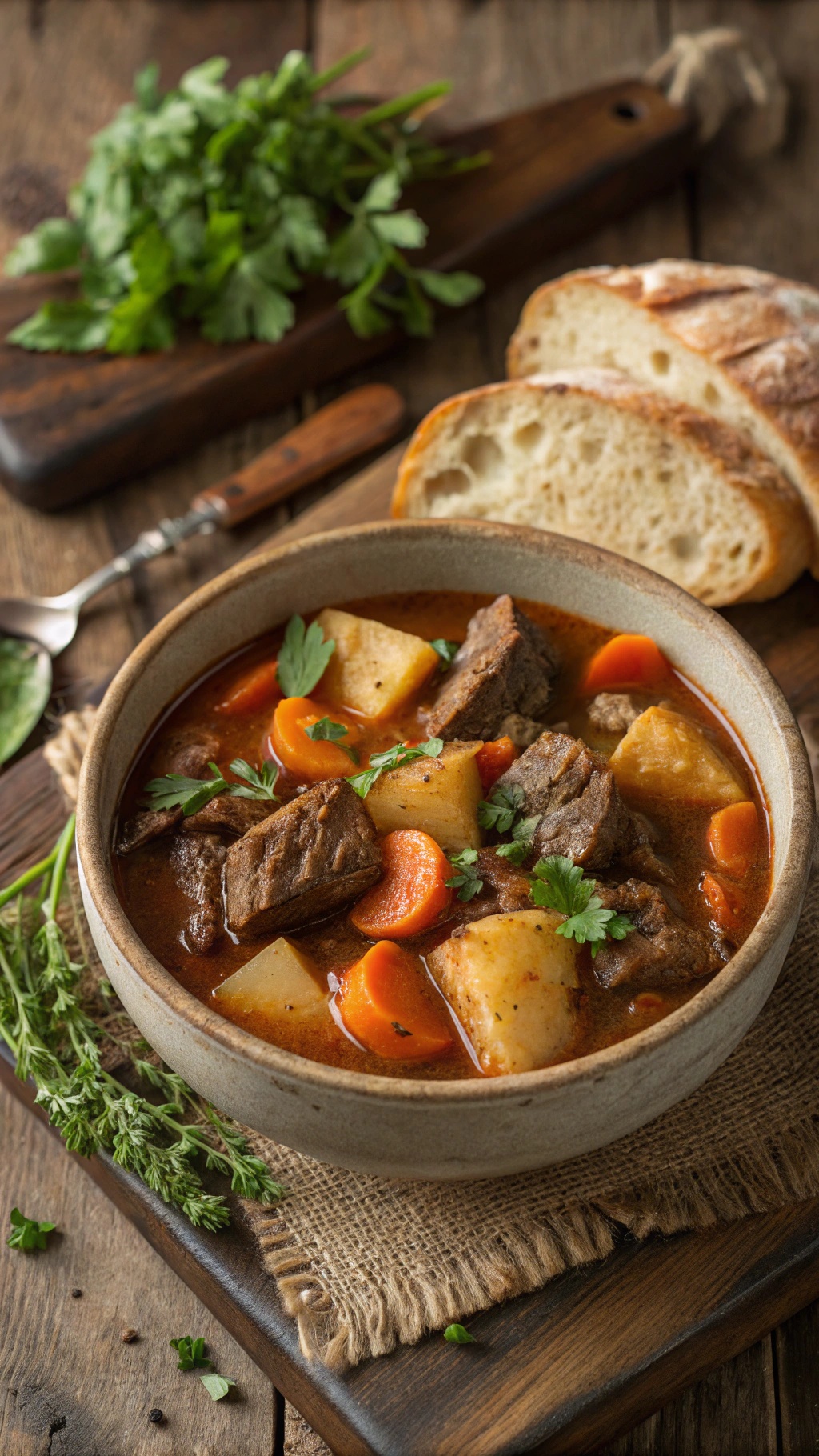 A bowl of hearty beef stew with carrots, potatoes, and fresh herbs, served with bread.