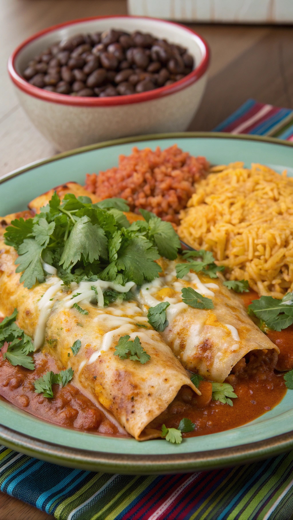 A plate of baked chicken enchiladas topped with cilantro, served with rice and beans.