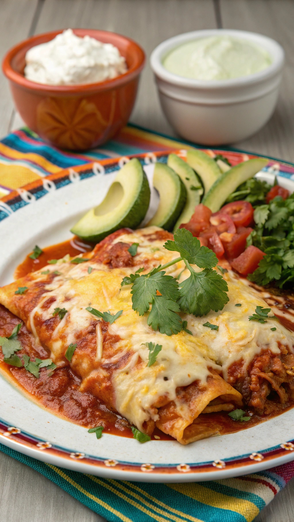 A plate of chicken enchiladas topped with cheese, garnished with cilantro, served with avocado slices and diced tomatoes.