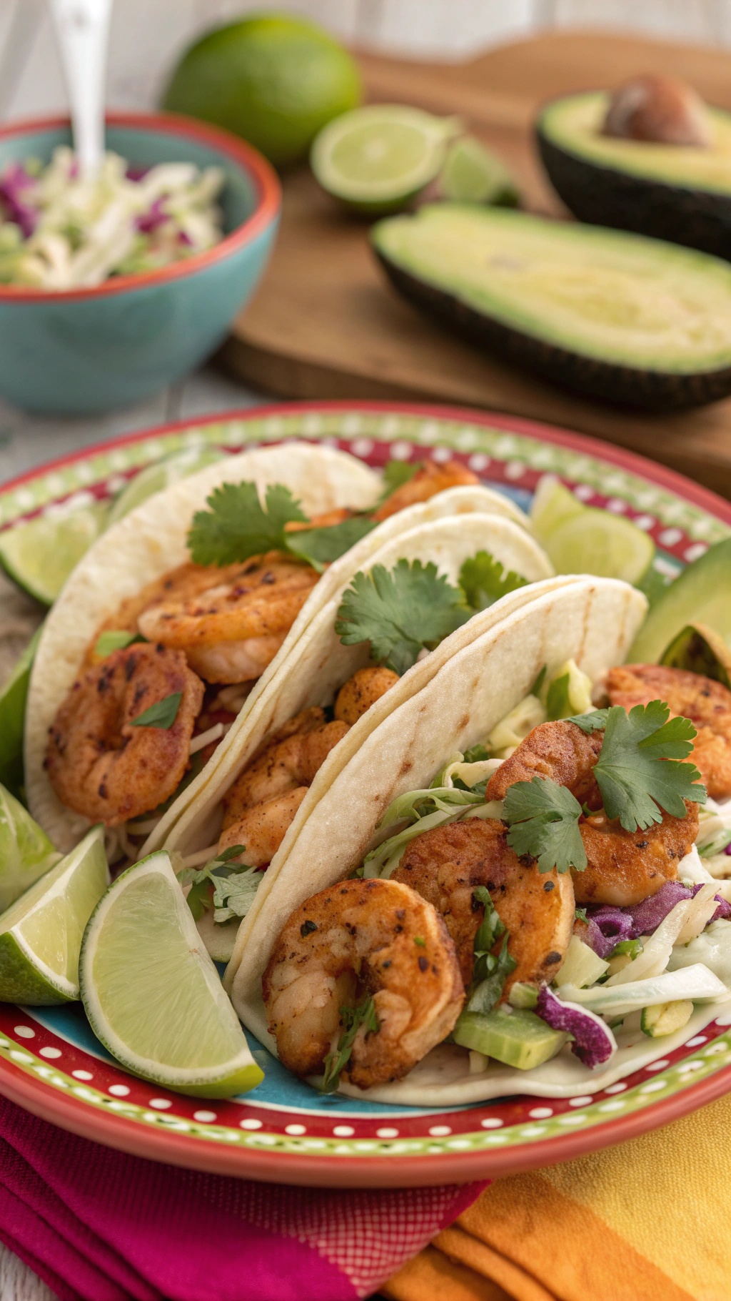 Shrimp tacos with cabbage slaw, lime wedges, and avocado on a colorful plate
