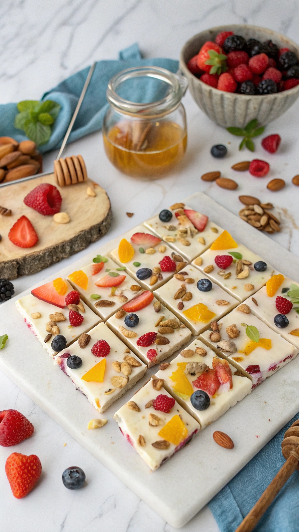 A colorful yogurt bark topped with fresh fruits and nuts, displayed on a marble surface.