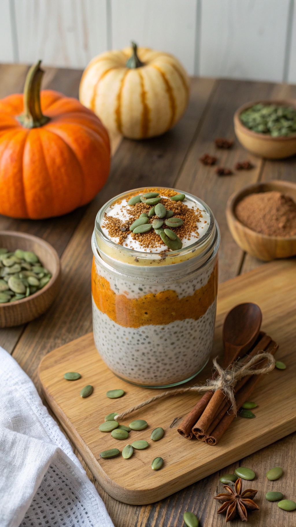 A jar of pumpkin chia pudding topped with pumpkin seeds and cinnamon, with pumpkins in the background.