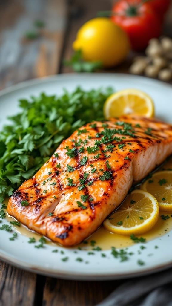 Grilled salmon fillet with lemon slices and fresh herbs on a plate