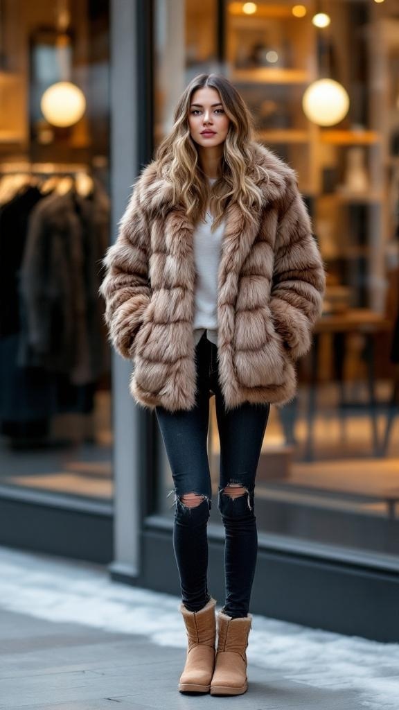 A woman wearing a faux fur jacket, skinny jeans, and Ugg boots, standing outside a store.
