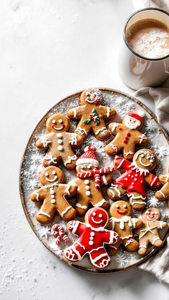 A plate of festive low carb gingerbread cookies decorated with icing and a cup of coffee.
