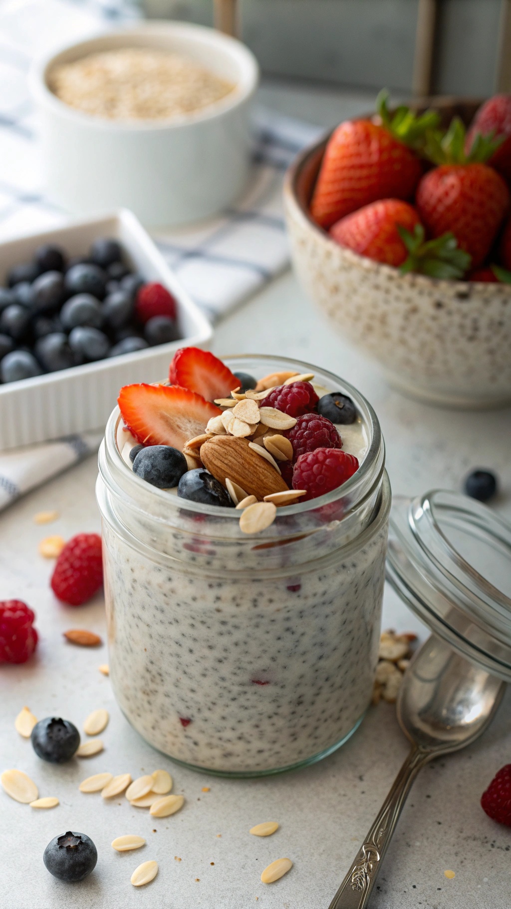 Chia seed pudding topped with fresh berries and almonds in a jar