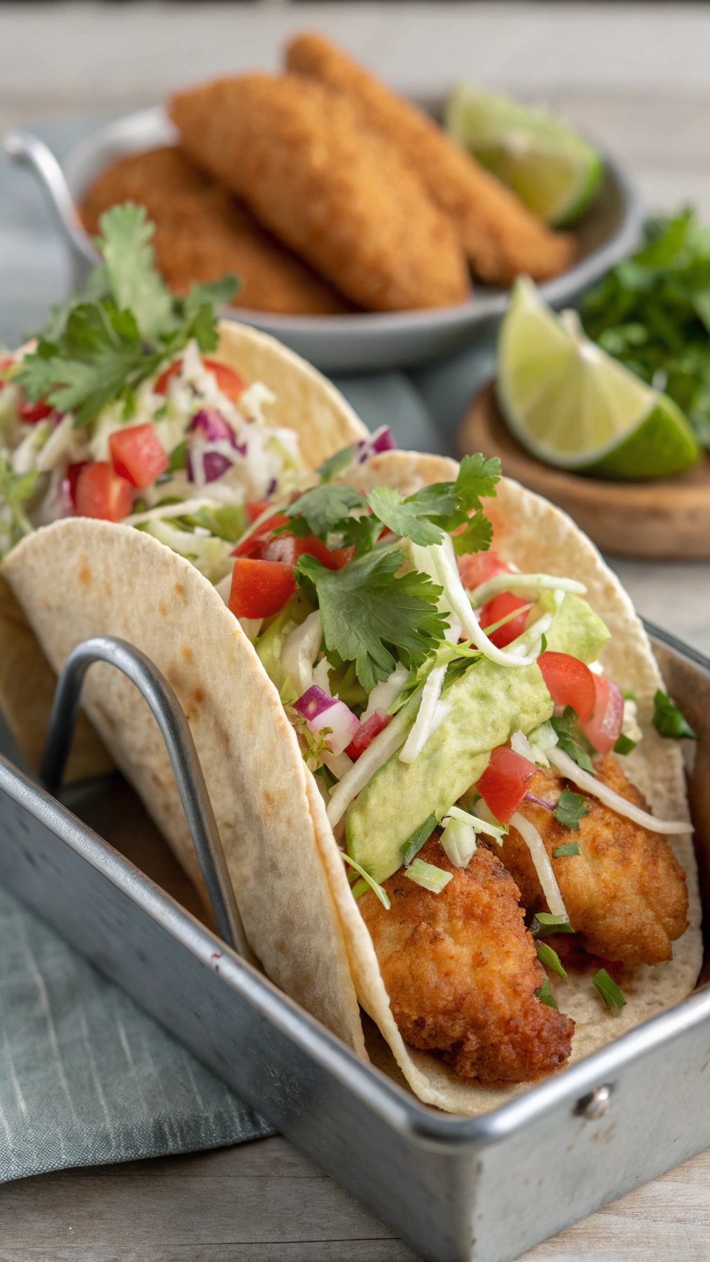 Fish tacos with cilantro-lime slaw served in a metal holder with lime wedges and drinks in the background.