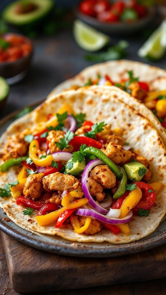 Air fryer chicken fajitas with colorful vegetables in tortillas