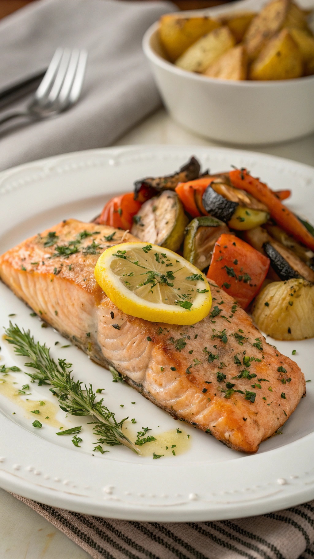 Baked salmon fillet with lemon and herbs, served with roasted vegetables.