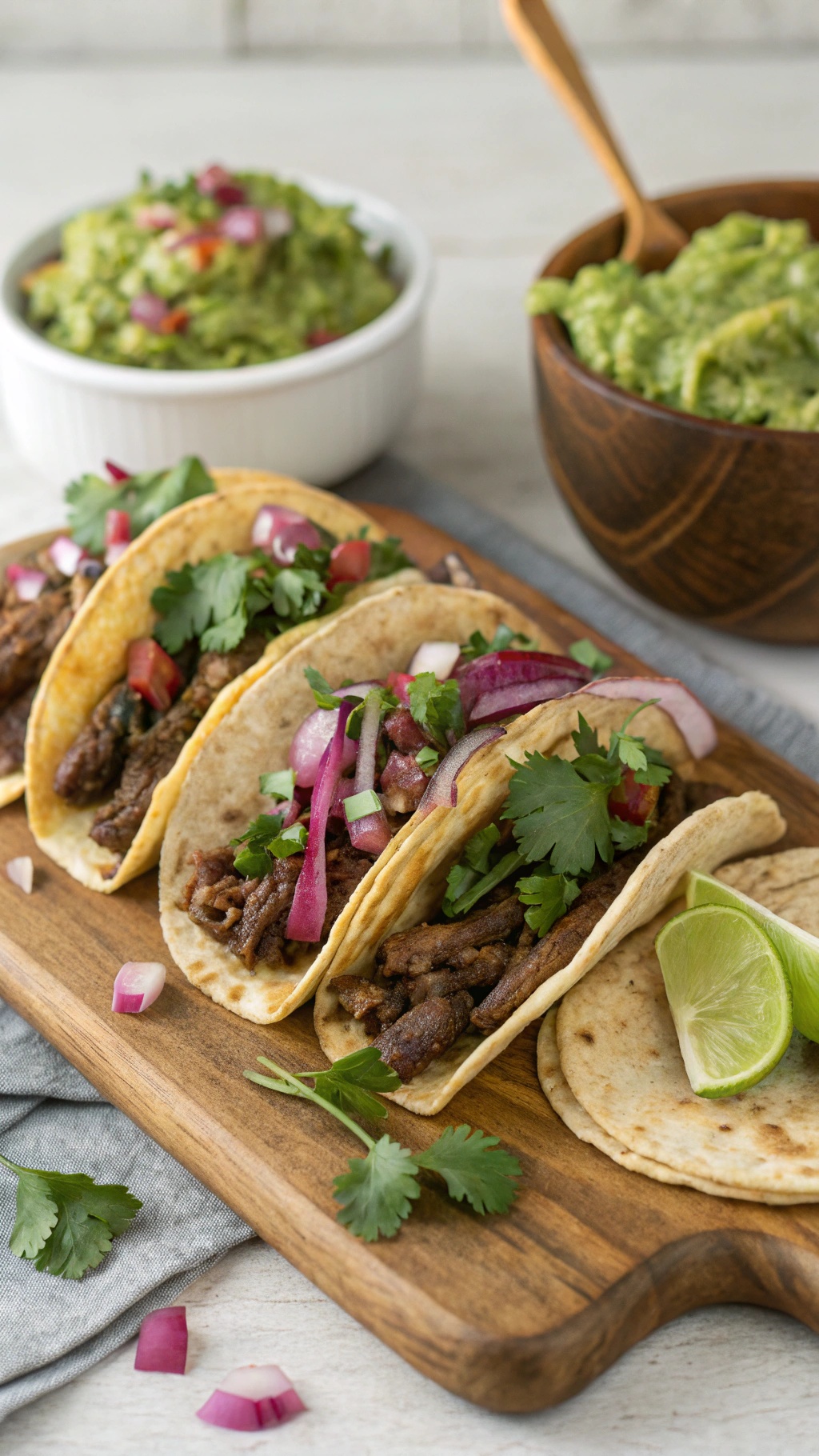Delicious beef and zucchini tacos served on a wooden platter with fresh toppings.