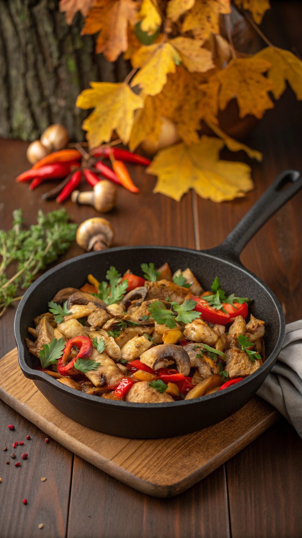A skillet filled with chicken, mushrooms, and colorful bell peppers, surrounded by autumn leaves and spices.