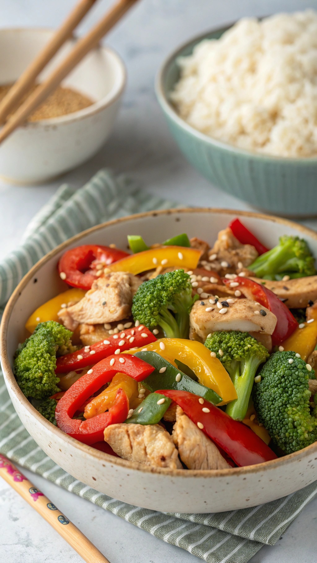 A colorful chicken and vegetable stir-fry with broccoli, red, yellow, and green bell peppers, garnished with sesame seeds.